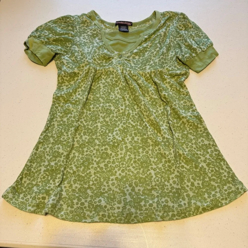 Y2K Fairycore Girls Large Green Floral Ribbed Babydoll Top Eyeshadow Bella Swan